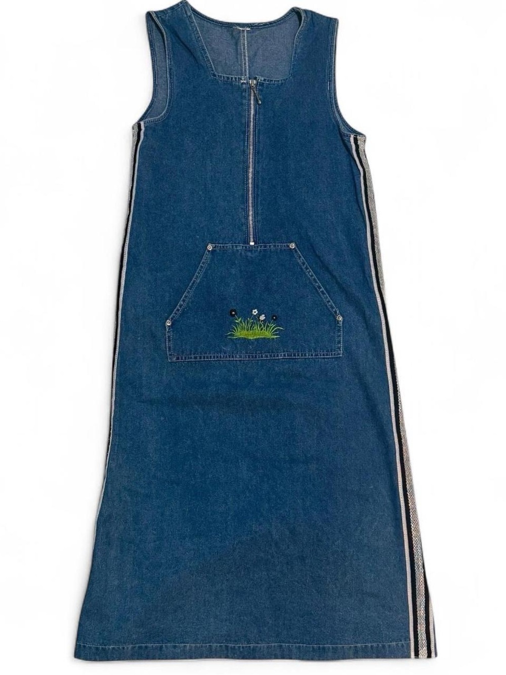 Vintage Blue Embroidered Denim Midi Dress